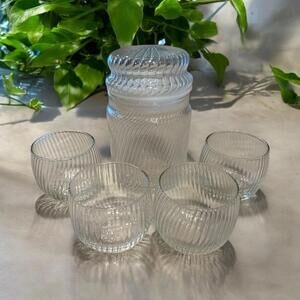Ribbed Swirl Clear Glass Canister Jar with Lid 6 in with 4 Small Glasses 3 in
